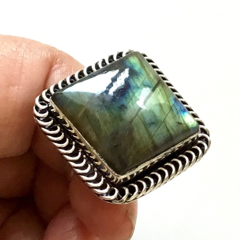 Labradorite Gemstone Ring Large Square Cut Boho Fashion